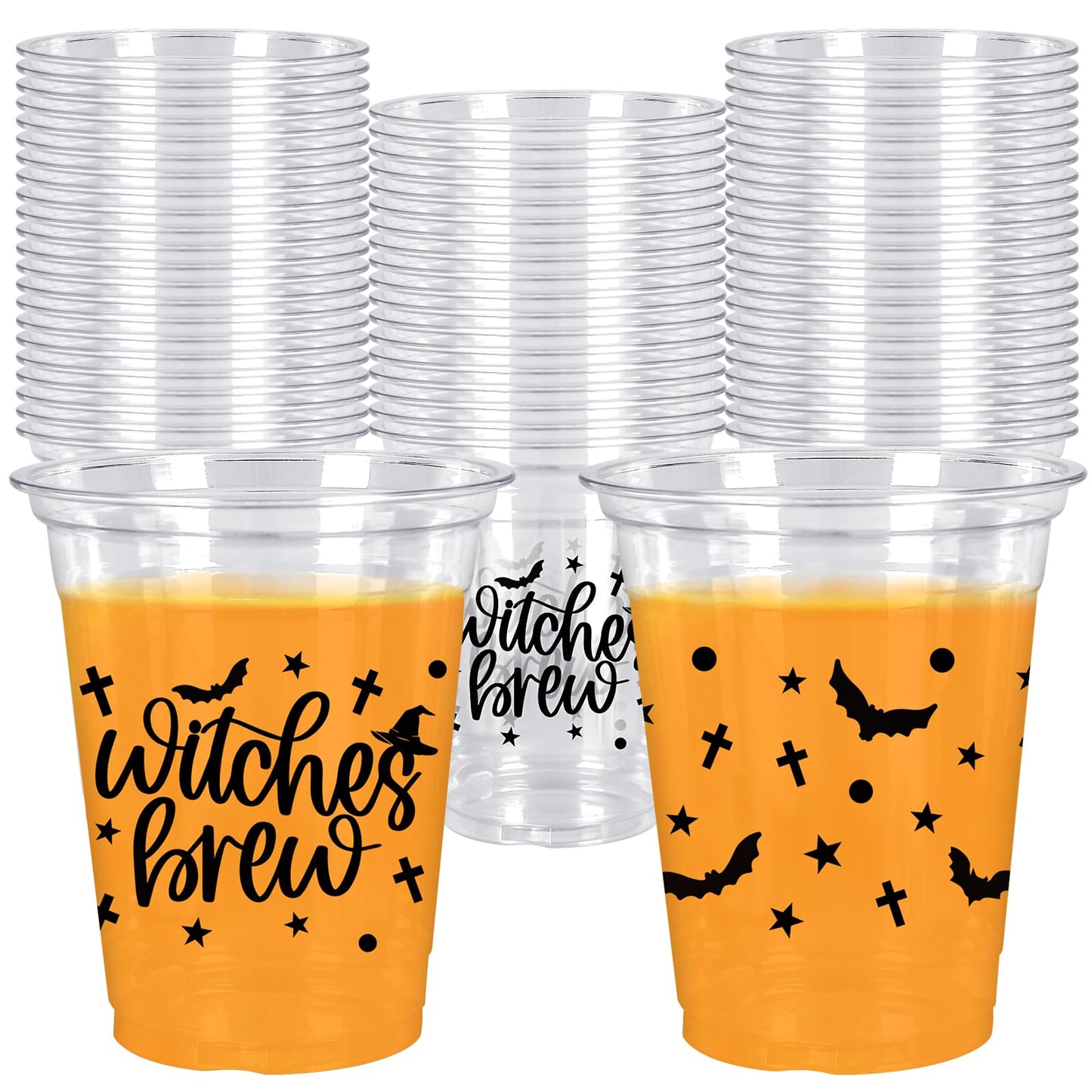 Whaline 50 Pcs 12 Oz Halloween Disposable Cup Witches Brew Plastic Party Cup Bat Clear Glasses for Coffee Juice Drink Party Supplies