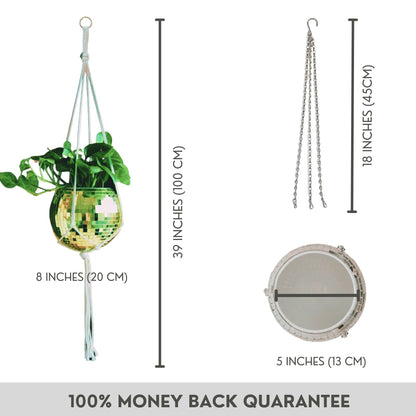 SCANDINORDICA Disco Ball Planter 8" Gold with Chain and Macrame Hanger and Disco Ball Planter Pot 4.3" with Saucer (0.3x0.3 mirror tiles)