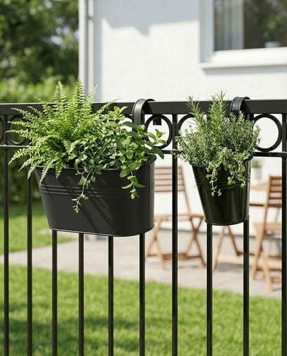 vensovo 10 Pcs Metal Railing Planters Set, 10.8" Oval & 3.9" Round Hanging Flower Pots with Detachable Hooks, Black Fence Planter Baskets for Outdoor Plants, Herbs & Succulents, Garden Decor