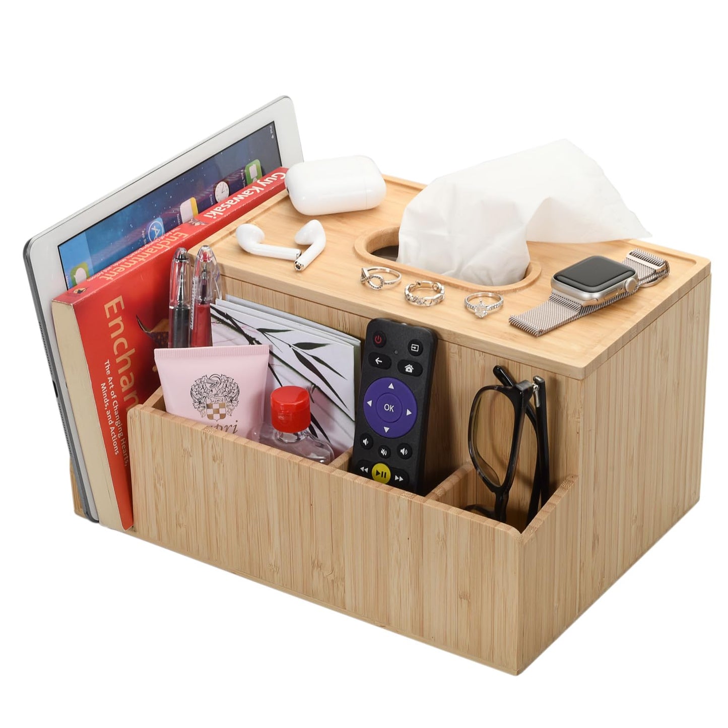 MobileVision Bamboo Tissue Box Holder & Tablet Stand Organizer for Bedroom & Desktop; compartments hold iPad Phones Remote Controls Reading Glasses Notepads & Pens