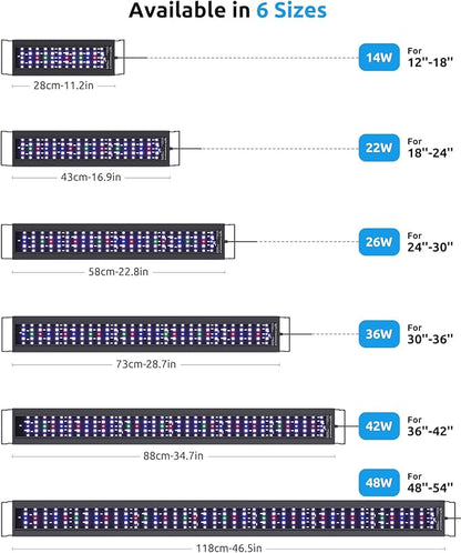 SEAOURA Aquarium LED Light with Thermometer, 12-18in Full Spectrum Lights for Fish Tank, 24/7 Programmable with Power Off Memory, WRGB Custom, 20 Level Dimmable Brightness for Freshwater Aquariums
