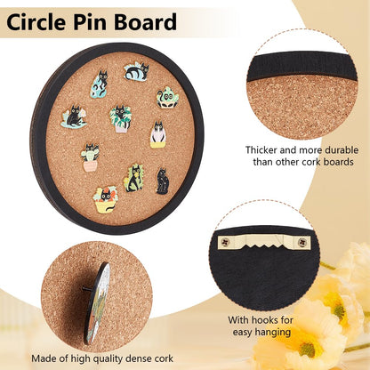 BENECREAT Flat Round Pin Board Cork Board, 7.87inch Bulletin Board Wall Mounted Display Board with Black Frame for Brooch Pin Storage Display, Office Home School Decor