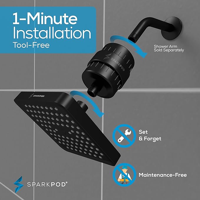 SparkPod 23-Stage Filtered Shower Head, 6" Square, Black Matte | Filtered Shower Head for Hard Water Filter, High Pressure, Reduces Chlorine, Heavy Metals, For Dry Skin & Hair