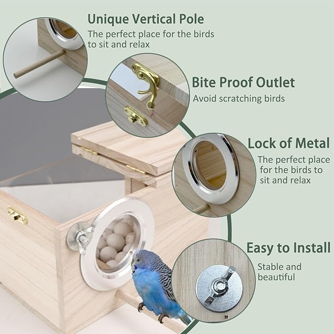 Parakeet Nesting Box, 9.65 X 5.12 X 5.12 INCH Transparent Bird Nest Breeding Box with Perch Parrot Mating Box Wood Bird House Aviary for cage (M Horizontal Wood)