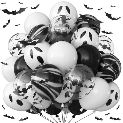 Froova Halloween Balloons Black and White Balloons with 3D Bat Stickers Bat Print Balloon and Black Marble White Ghost Balloon for Happy Halloween Skull Skeleton Spooky Birthday Horror Party Decor