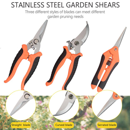 Pruning Shears Gardening Scissors Tools: 3pcs Outdoors&Indoor Garden Clippers, Rose Snips, Plant Clippers, Wood Pruner, Gardener Work Accessories for Flower Arrangement, Yard Landscaping (Orange)