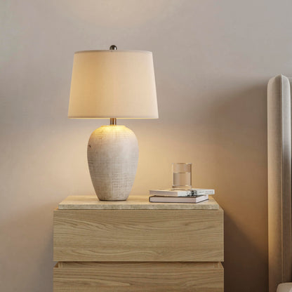 Nourison Home 23" Distressed Cream/Beige Rustic Ceramic Jar Table Lamp for Bedroom, Living Room, Dining Office, with Ivory Shade