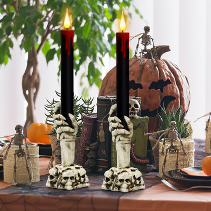 DRomance Black Flameless Taper Candles Battery Operated with Remote and Timer, Blood Dripping Wax LED Flickering Candles Skeleton Hand Holders Dinner Table Halloween Decor Lights(2 Pack, 3” x 12”)