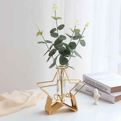 Glass Flower Vase with Metal Frame,Modern Creative Geometric Clear Vase for Flower Centerpieces Decorative,Desktop Hydroponics Vase Plant Terrarium for Home Office Decoration (Gold Star-Love)