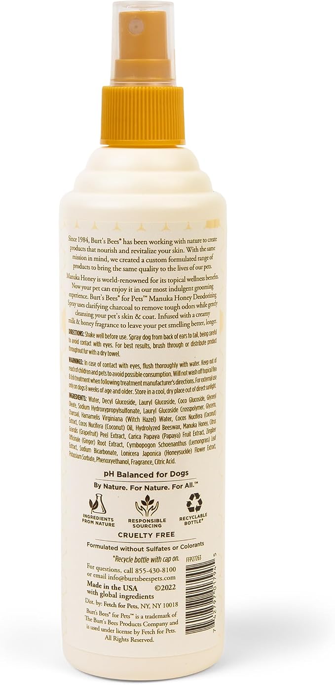 BURT'S BEES FOR PETS Deodorizing Spray for Dogs, Manuka Honey & Charcoal, Reduces Odor Between Baths, 95%+ Natural Origin, No Artificial Fragrance, Sulfates or Colorants, Milk & Honey Scent, 10 Fl Oz
