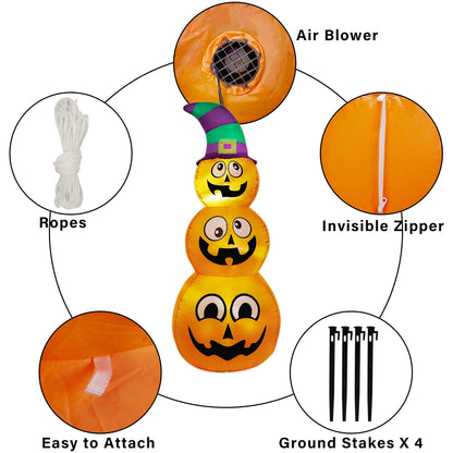 Prsildan Halloween Inflatables Stacked Pumpkins with Witch Hat, 5 Ft Blow up Outdoor Decoration with Build-in LED Lights for Garden Yard Lawn Holiday Party
