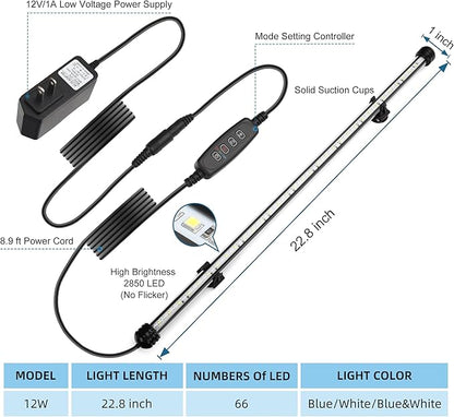 LED Submersible Aquarium Light 12W Underwater Fish Tank Light with Blue White&Blue and White Three Light Modes Timer Automatic On/Off and Dimmer Brightness Adjustable (22.8inch)