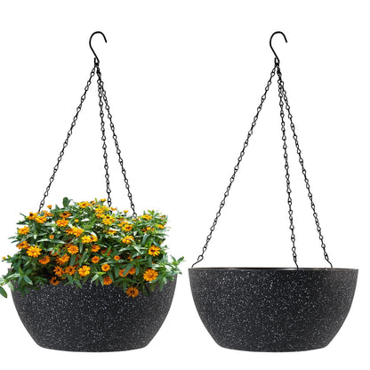WSMKSZ 10 inch Hanging Planters for Outdoor Indoor Plants with Drainage Holes and Chain, 2 Pack Round Hanging Flower Pots for Garden Home Porch Decor, Speckled Black