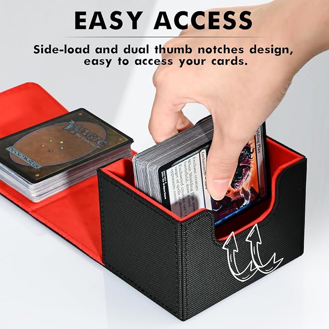 ZLCA Card Deck Box for Trading Cards, MTG Commander Deck Box Holds 120+ Single Sleeved Cards, Leather Magnetic Card Storage Box Fits for Magic the Gathering TCG CCG (Black& Red)