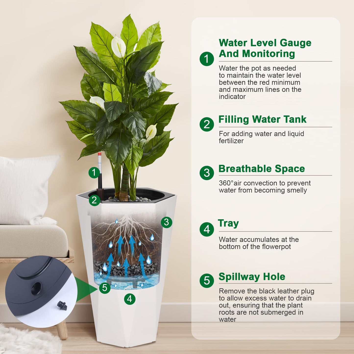 GarveeLife 22.5 in Tall Diamond Planters Set of 2, Self Watering Planters with Water Level Monitor, Flower Pots Outdoor and Indoor for Patio, Porch, Living Room, Home Office, White