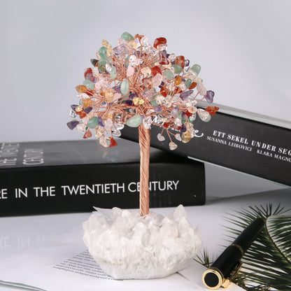 Rockcloud Handmade Crystal Money Tree with Rock Crystal Cluster Base, Gemstone Bonsai Tree for Home Office Decor, Mixed Stones
