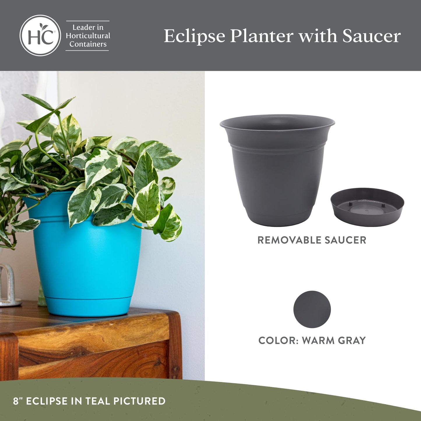 The HC Companies Eclipse Round Planter with Saucer - Outdoor & Indoor Plant Pot with Drainage Holes - Lightweight, UV-Resistant Plastic Pots for Plants, Flowers & Herbs (20" Warm Gray, Pack of 1)