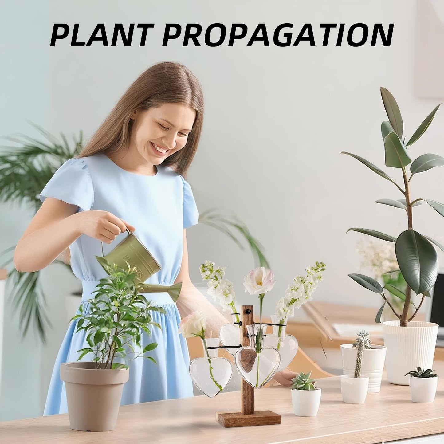 Plant Propagation Station with Acacia Wood Stand, 4 Heart-Shaped Propagation Vases for Plants, Unique Terrarium Kit for Office and Home Decor, Gifts for Plant Lovers