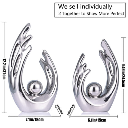 LCCCK 9.5" H Silver Aesthetic Room Decor Accent, TV Stand Funky Table Centerpiece, Abstract Art Ceramic Statue and Sculpture, Silver Decor for Living Room, Bookshelf Decorative Objects, Shelf