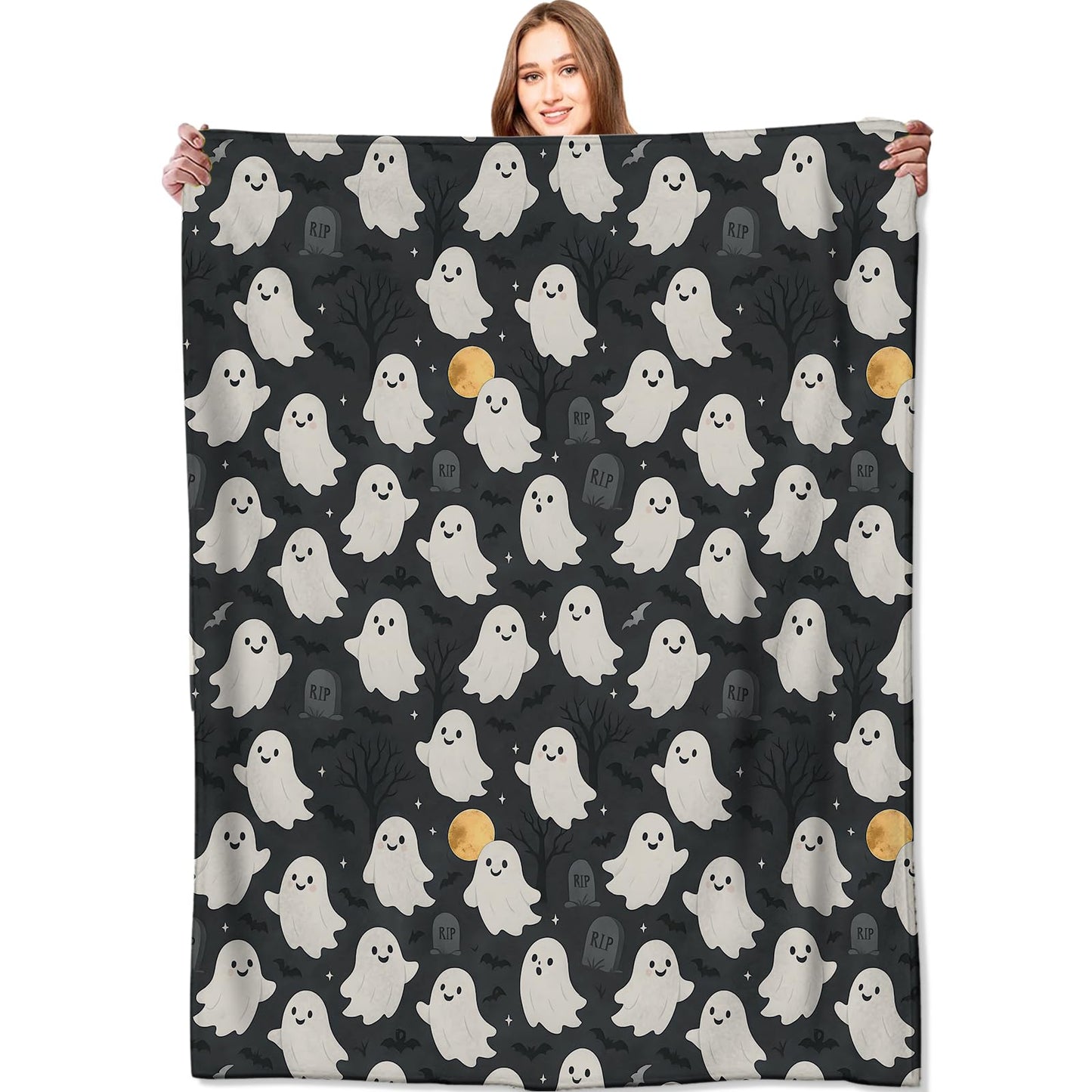 VODRM Cute Ghost Blanket Halloween Fall Holiday Decor Gothic White Spirit Witch Throw Gifts for Kids Lightweight Soft Fleece Moon Bat Witchy Blankets for Horror Spooky Goth Decoration 50x60in