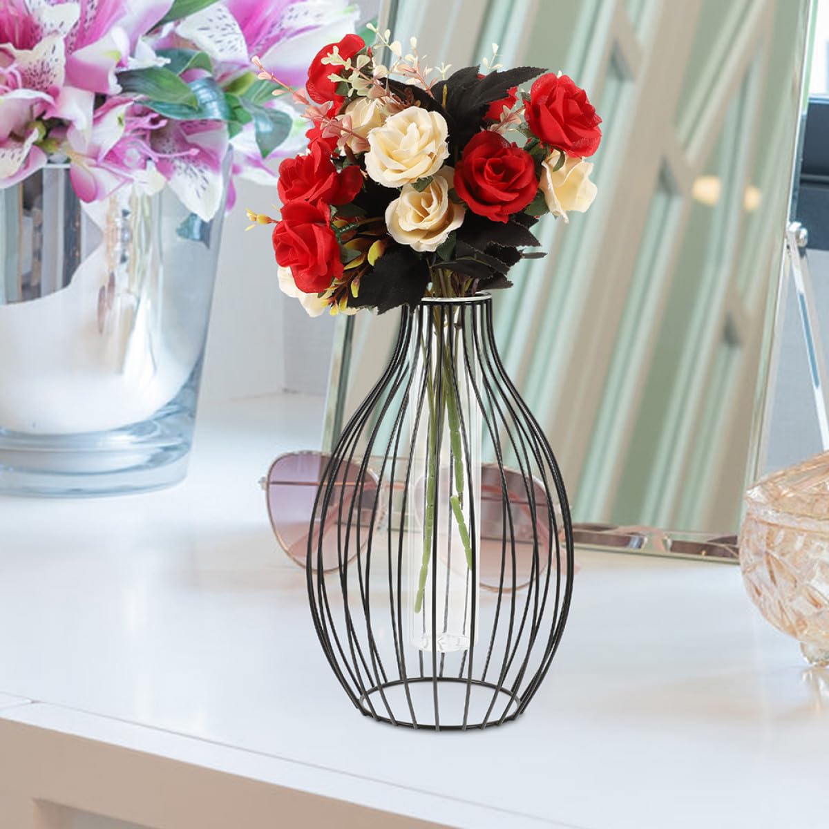 jojofuny Glass Propagation Station Plant Terrarium with Iron Art Frame, Test Tube Vase with Metal Stand for Hydroponic Flower Display and Home Décor