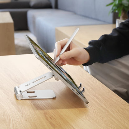 OMOTON Foldable Cell Phone Stand, C4 Portable Aluminum Phone Holder, Adjustable Phone Dock Cradle Compatible with iPhone 17/16/15 Pro Max Air, Samsung Galaxy, Small Tablets, All Smart Phones, Silver