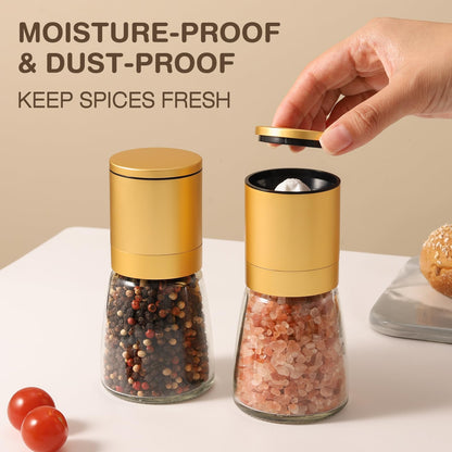 Vucchini Gold Salt and Pepper Grinder Mill - Adjustable Coarseness Ceramic Brass Spice Grinder Shaker - Refillable Glass Pepper Grinders for Home Golden Kitchen Accessories