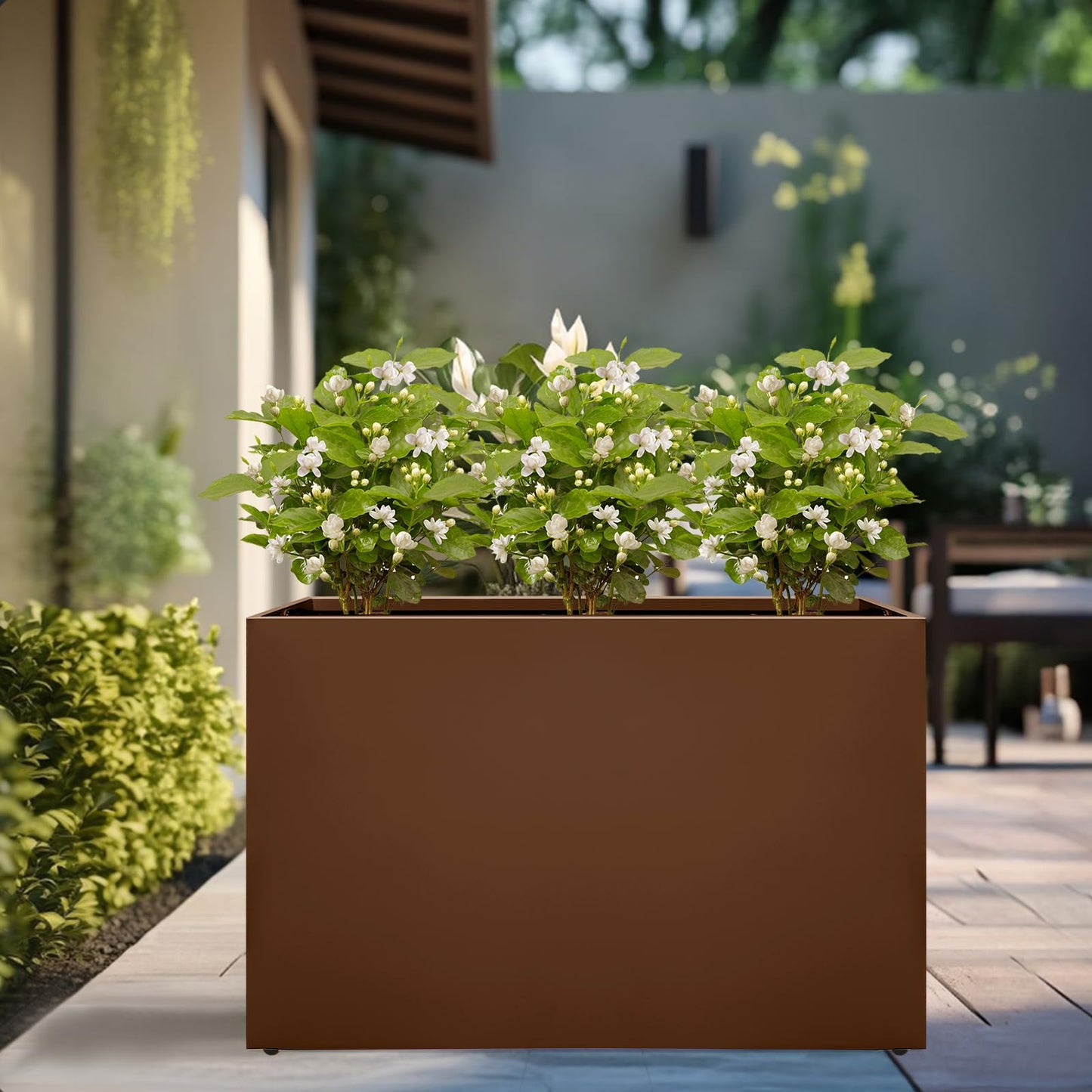Zezgeuro Galvanized Steel Planter Box-No Installation Required Metal Rectangular Block Long Box Planter Modern Outdoor Planters All-Weather Use with Drainage Holes for Patio/Porch, 36×24×12IN（Brown）