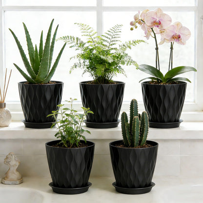 SQKH 8 Inch Plastic Plant Pots,Set of 5 Flower Pots,Planters with Drainage Holes & Saucers, Indoor Outdoor Garden Pots for Home Decor (Black)