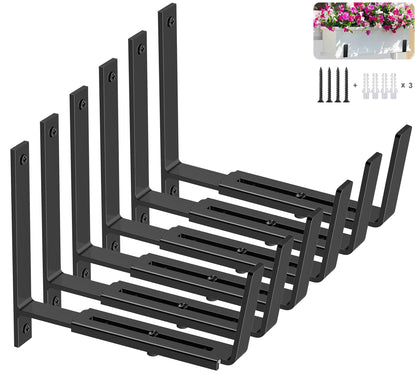 Y&M 6 Pack Adjustable Planter Box Brackets (6 to 12.5 in), Universal Window Box Brackets, Heavy Duty Iron Flower Box Wall Mounting Hooks for Balcony, Fences, Patio, and Garden - Black