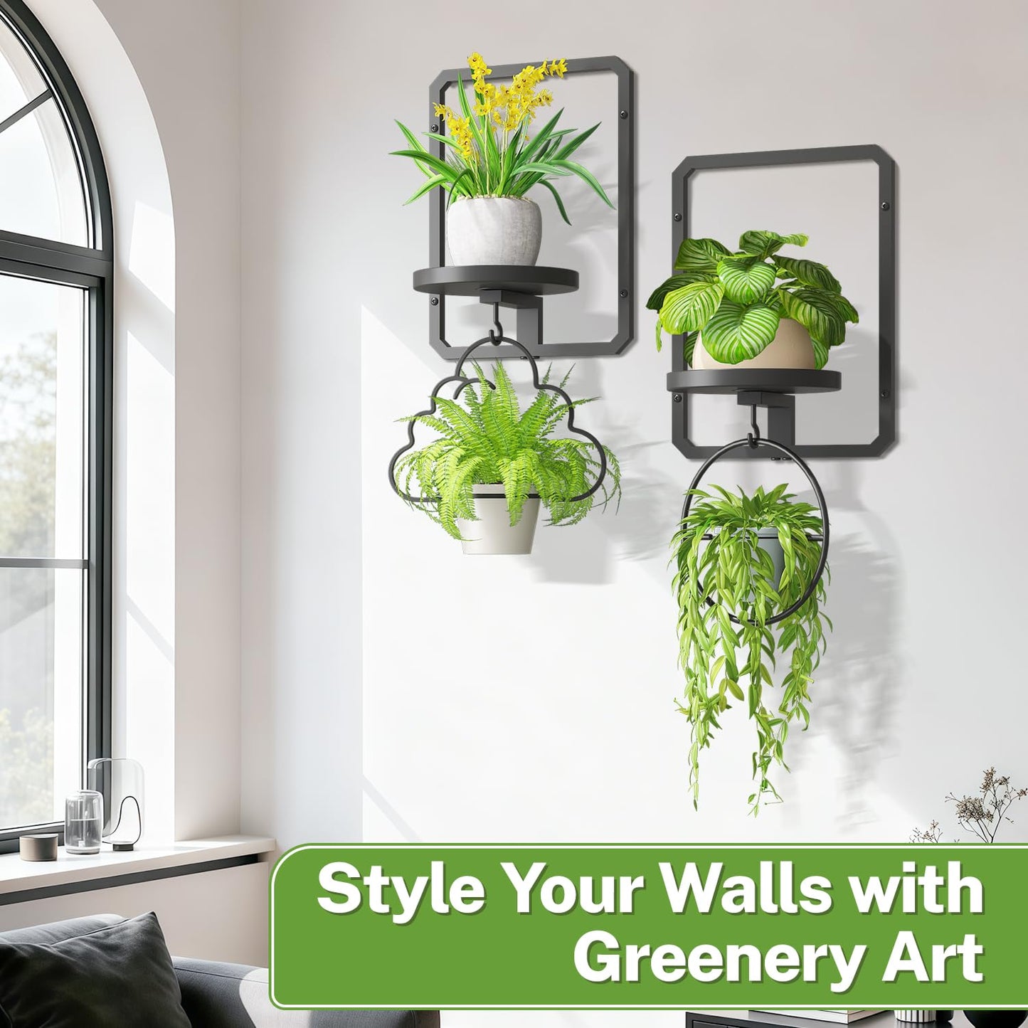 iDavosic.ly Wall Plant Picture Frame Holder Set of 2 for Indoor, Metal Stand with Hanging Hooks, Floating Flower Display Decor, Space Saving & Easy to Assemble (Pots/Chains/Plants Not Included)