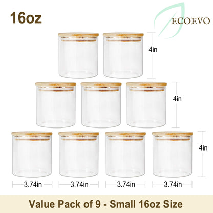 EcoEvo Glass Jars with Bamboo Lids (16oz in 9 Pack), Food Jars and Canisters Sets with lids, Food Storage Jars with Airtight Lids, Glass Pantry Jars