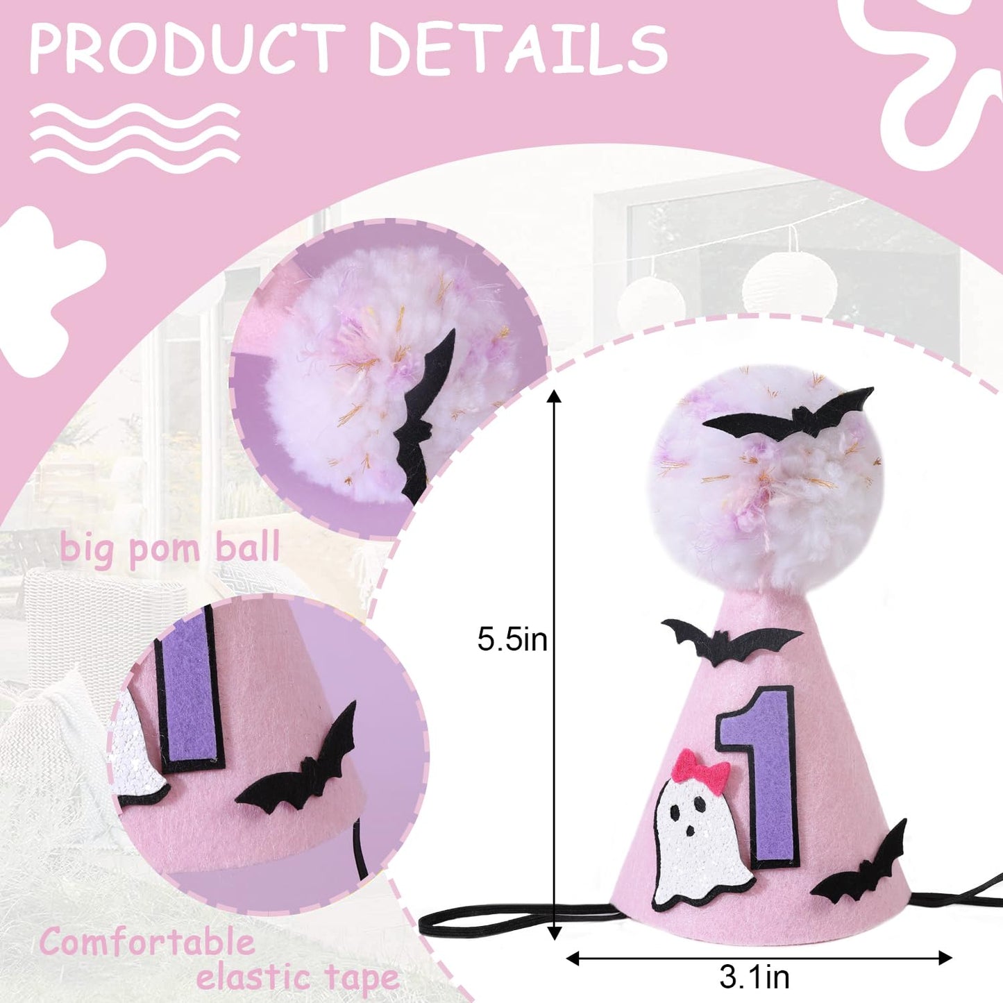 Agkvw Halloween Pink Ghost 1st Birthday Hat with Bats - Spooky One Birthday Crown, Cute Halloween 1st Bday Decoration for Girls, My FirstHalloween Bday Decor
