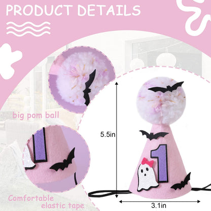 Agkvw Halloween Pink Ghost 1st Birthday Hat with Bats - Spooky One Birthday Crown, Cute Halloween 1st Bday Decoration for Girls, My FirstHalloween Bday Decor