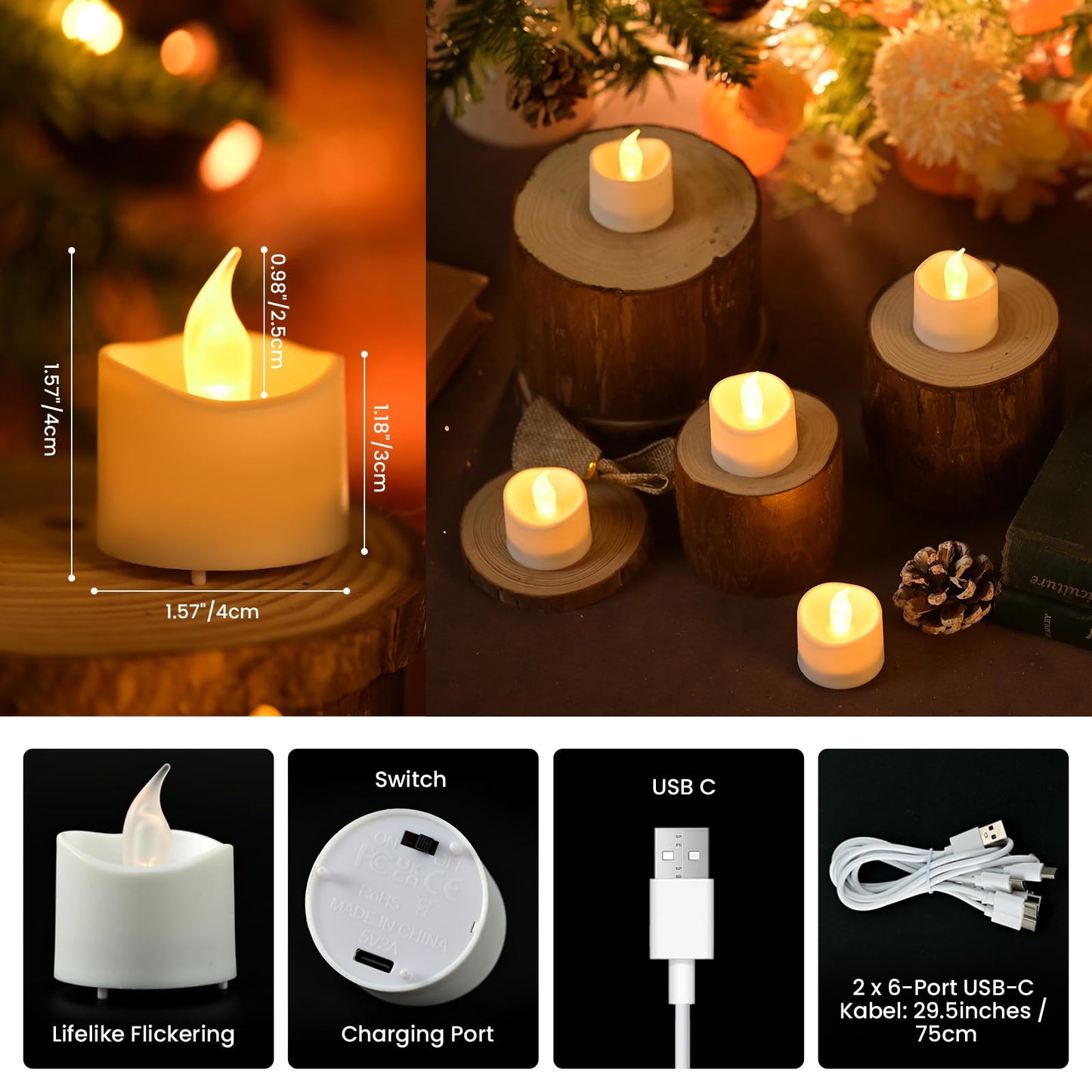 JOSU Rechargeable Flameless Tea Lights Candles with Remote Timer, Battery Operated LED Tealight Candles with 2 x 6-Port USB-C Cable for Votive Wedding Table Centerpiece Home Aniversary Decor, 12-Pack