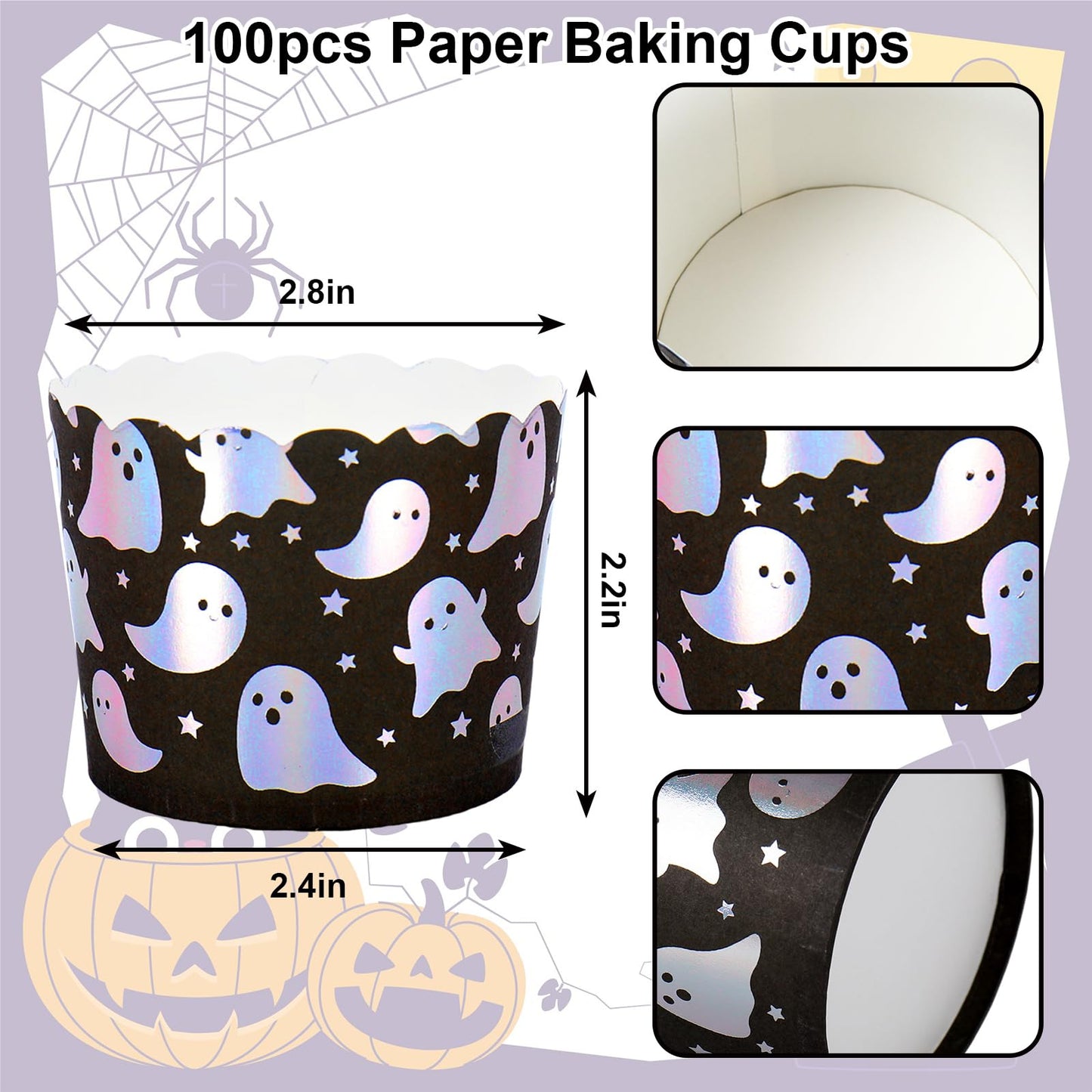 JarThenaAMCS 100Pcs Halloween Paper Baking Cups Holographic Ghost Star Cupcake Wrappers Iridescent Scalloped Edge Cupcake Muffin Cases for Halloween Little Boo Party Supplies