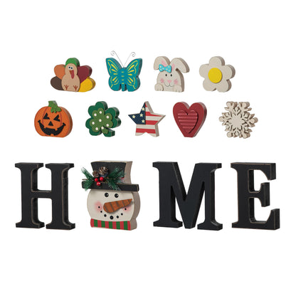 Glitzhome Interchangeable Home Sign with 10 Seasonal Icons Wooden Sign Table Top Shelf Decor for Holiday Farmhouse Door Welcome DIY Decor