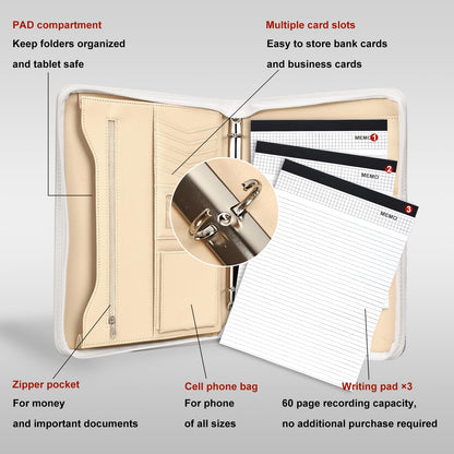Leathario Portfolio Binder, Includes 5 Folder Index Dividers and 3 Notepads, 3-Ring Folder Organizer, Padfolio with Zipper, Vegan Leather Tablet Sleeve, Business Office Conference Clipboards