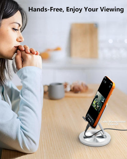 YCNEW Phone Stand for Desk, 360° Rotating Dual Adjustable Foldable Holder, Heavy Solid All-Aluminum Base Anti-Slip Stable Support for Home Office Study, Fits iPhone Galaxy 4-8" Phones (Silver)