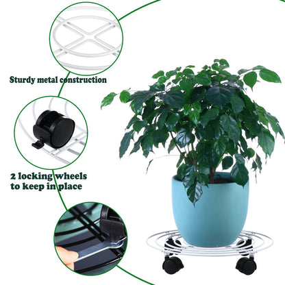 3 Packs Large Metal Plant Caddy with Wheels 13" Heavy-Duty Wrought Iron Rolling Plant Stands with Casters Plant Dolly Plant Roller Base for Indoor and Outdoor Plant Pot Movers Saucers White