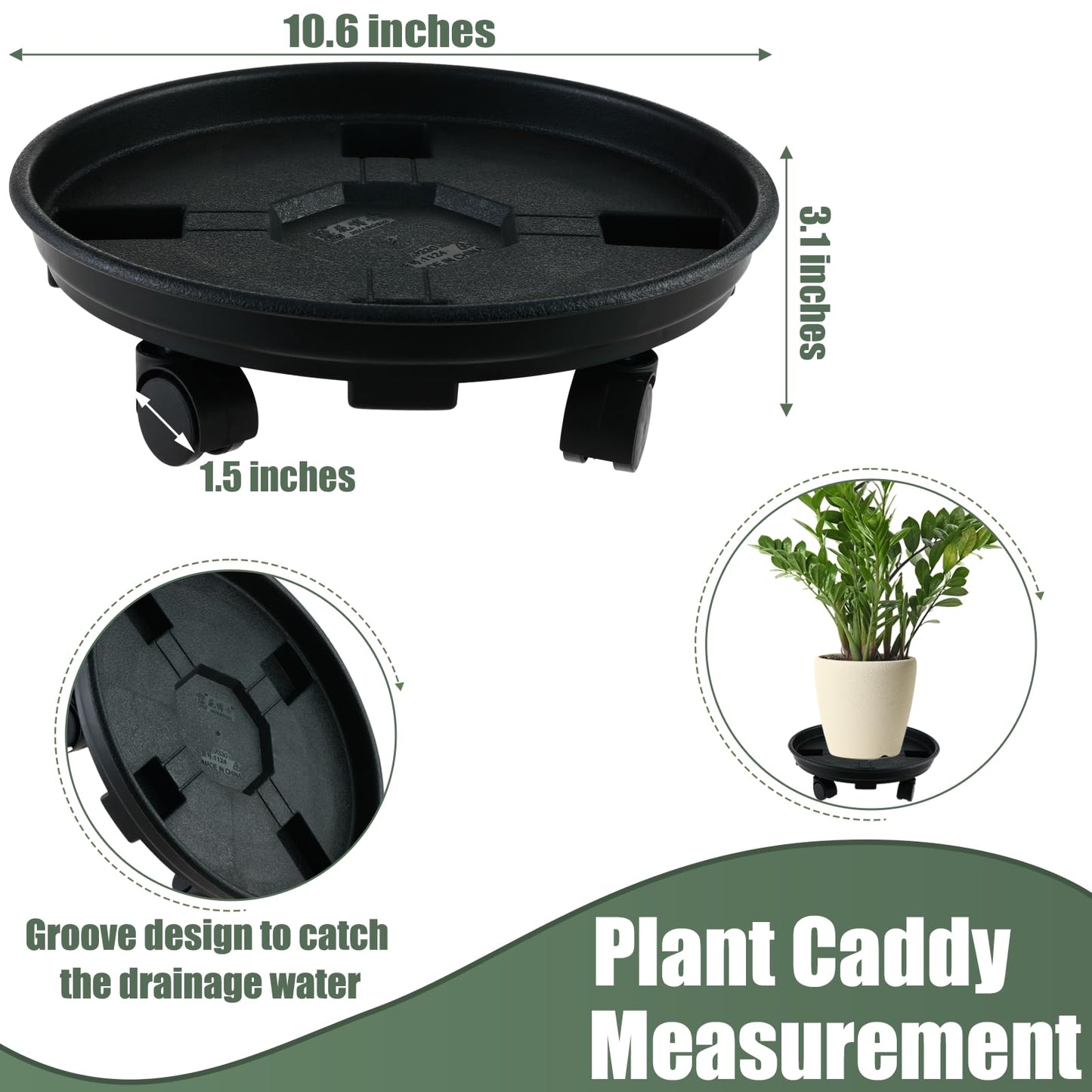 6 Packs 10.6 Inches Small Plant Caddy with Wheels Plant Saucers on Wheels Rolling Plant Stands Heavy-duty Plant Dolly Plastic Planter Roller Base Pot Movers Outdoor Plant Tray Coaster, Black