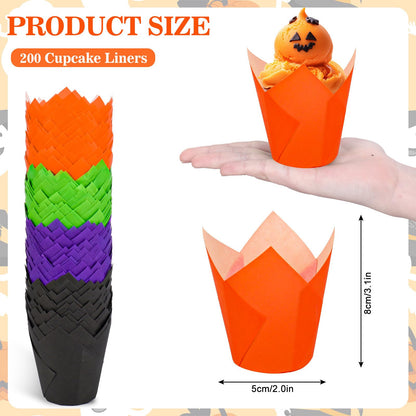 Whaline 200Pcs Halloween Tulip Cupcake Liners Black Orange Purple Green Tulip Baking Cups Muffin Cupcake Wrappers for Party Supplies Table Decor