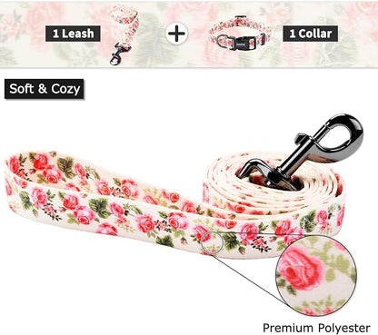 Ihoming Dog Collar and Leash Set for Daily Outdoor Walking Running Training, Pink Flowers Design for Medium Boys Girls Dogs Cats Pets, M-Up to 45LBS