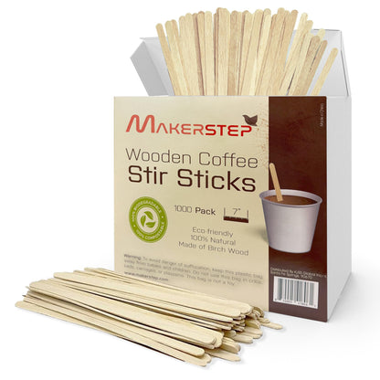 Makerstep Birch Wood Coffee Stirrers, 7 Inch Coffee Stir Sticks (1000 Pack) Eco-friendly, Sturdy Wooden Sticks. Splinter Free, Round End. Great For Your Coffee Nook