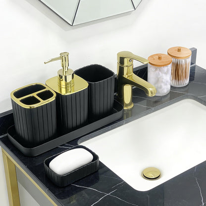 9PC Set Black and Gold Bathroom Accessories Set with Trash Can, Toilet Brush,Soap Dispenser, Q-Tip Holder | Modern Home Bath Essentials (Black and Gold)