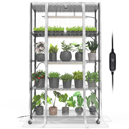 Bstrip Indoor Greenhouse with Grow Light, Mini Green House with 4 Pack 24W Full Spectrum Plant Lights with Timer, Plant Shelf with Tent for Indoor Plant, Seed Starting, Seed Tray, 35.4"x13.8"x59"