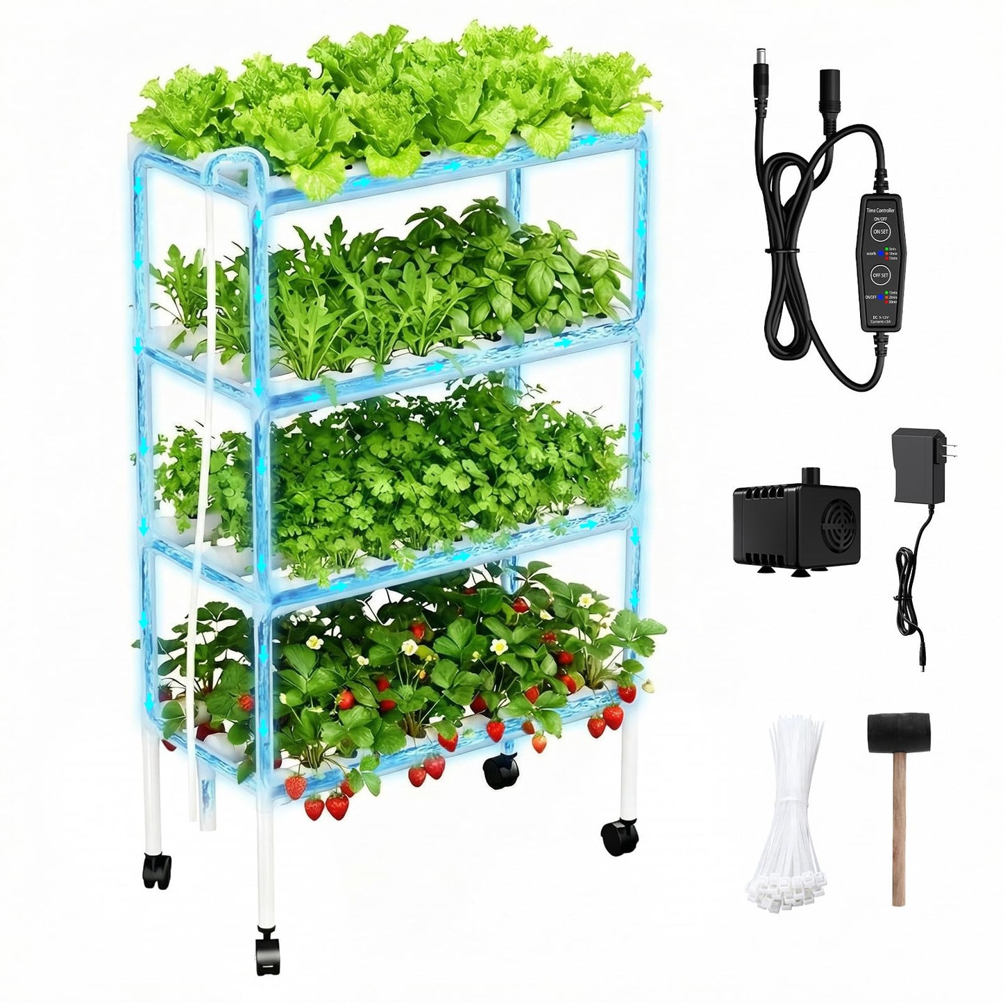 Hydroponics Growing System Kit with Wheels, 108 Plant Sites Gardening Aquaponics Tower, 4-Tier Food-Grade PVC-U Pipes Water Pump Timer for Leafy Vegetables, Indoor, Outdoor (34"x62"x15" in 108 Holes)