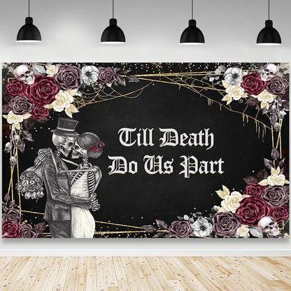 AIBIIN Halloween Till Death Do Us Part Backdrop Spooky Skull Gothic Wedding Photography Background Bridal Shower Bride and Groom Mr and Mrs Anniversary Party Decorations Banner 70.8 x 43.3 inch