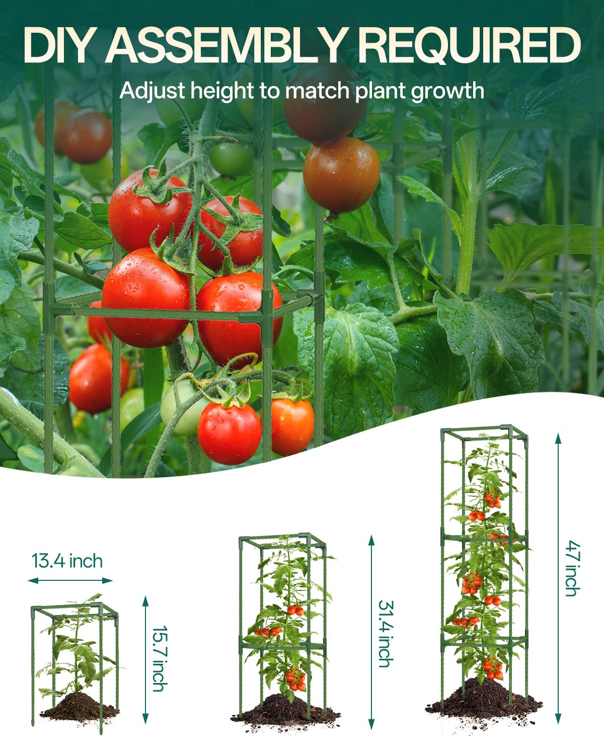 Breeze Touch 3 Pack Square Tomato Cages, Up to 47 Inch Adjustable Tomato Trellis for Garden & Pots, Garden Trellis for Climbing Plants Outdoor, Plant Trellis for Climbing Vegetables, Flowers, Beans