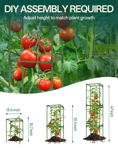 Breeze Touch 3 Pack Square Tomato Cages, Up to 47 Inch Adjustable Tomato Trellis for Garden & Pots, Garden Trellis for Climbing Plants Outdoor, Plant Trellis for Climbing Vegetables, Flowers, Beans